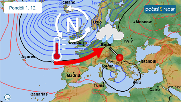Předpověď synoptické situace nad Evropou na pondělí 1. 12. Počátkem prvního prosincového týdne na Česko pravděpodobně začne od západu působit tlaková níže. V teplejším jihozápadním proudění zároveň očekáváme i mírné oteplení.