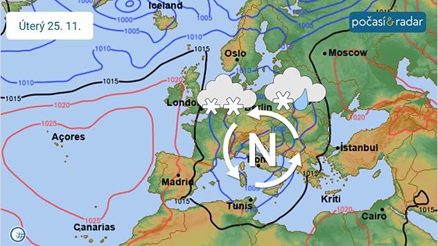 Synoptická situace nad Evropou, úterý 25. 11. Počasí v Česku na začátku nového týdne ovlivní tlaková níže, která bude přecházet přes střední Evropu.