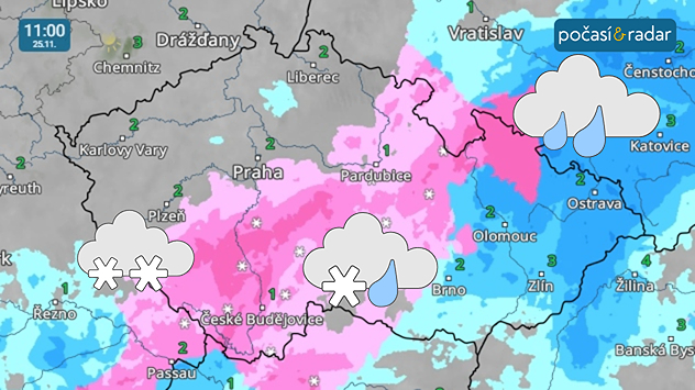 Meteoradar, screenshot, 25. 11., 11:00: V úterý se hranice sněžení přechodně odsune až do vyšších poloh. Dešťové srážky se očekávají vydatnější v jihovýchodní polovině území.