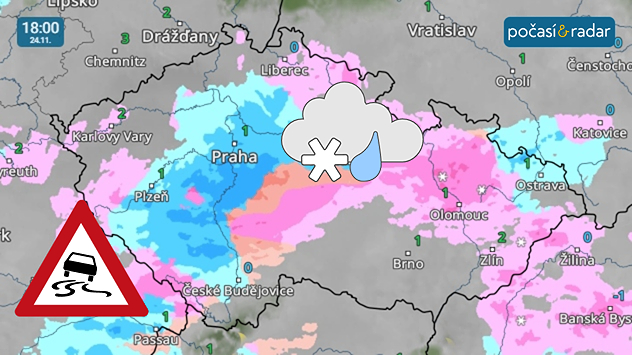 Meteoradar, screenshot, 24. 11., 18:00: Srážky se v pondělí rozšíří dále k východu a budou pokračovat po většinu dne. V nižších polohách bude sněžení přecházet v déšť, ojediněle se vyskytnou i mrznoucí srážky s tvorbou ledovky.