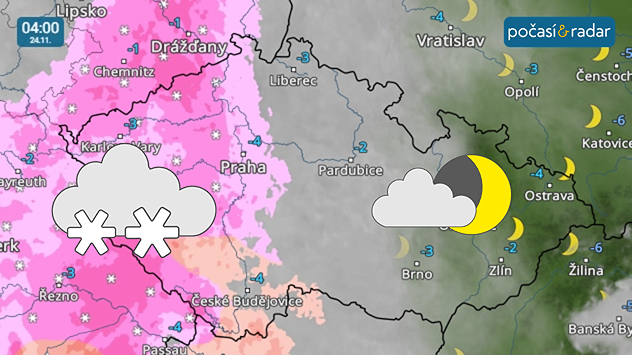 Meteoradar, screenshot, 24. 11., 4:00: Srážky v podobě mírného sněžení, na jihu Čech přechodně místy i mrznoucího deště s tvorbou ledovky, k nám dorazí od západu během noci na pondělí.