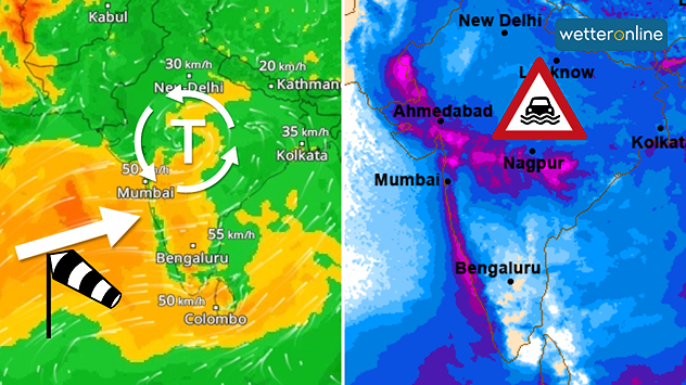 Links: Eine Windkarte von Indien, zeigt, dass vor allem an der Westküste Westwind weht. Rechts: Eine Regensummenkarte zeigt in der Mitte, sowie an der gesamten Westküste Indiens sehr große Regenmengen in pinken Farbtönen.