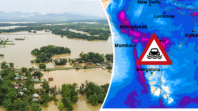 Geteilte Grafik: Links sind überflutete Dörfer und Felder in einer weitläufigen Landschaft zu sehen. Rechts zeigt eine Wetterkarte Indiens intensive Niederschläge sowie ein Warnschild mit einem Auto in Hochwasser.