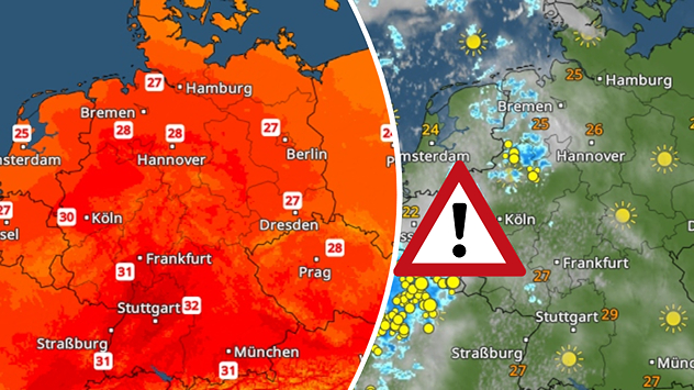 Split-Bild: links TemperaturRadar Deutschlands mit Werten zwischen 25 und 32 °C, rechts WetterRadar mit Gewitterwarnung über Westdeutschland und Benelux.
