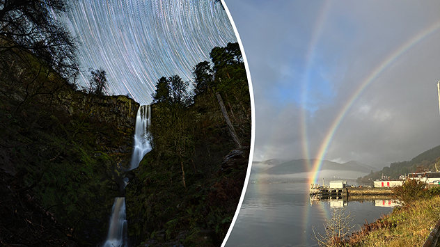 Split image showing a night-time waterfall beneath sweeping star trails on the left, and a bright double rainbow over a calm lakeside with mountains, pier, and mist on the right.