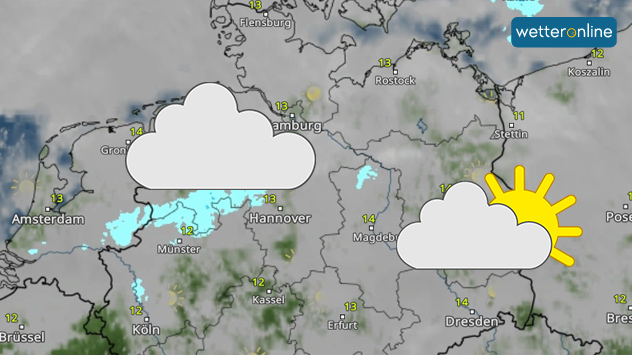 Das WetterRadar am Mittag zeigt dichte Wolken im Nordwesten und einzelne Auflockerungen im Osten. 