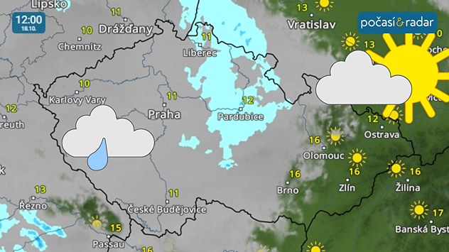 Meteoradar, screenshot, 18. 10. 12:00: Neděle začne na většině území velkou oblačností, od východu se však bude postupně projasňovat.