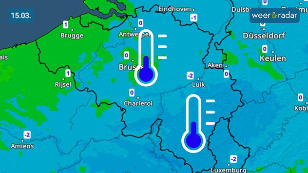 De temperatuurkaart voor zondagochtend vroeg toont op uitgebreide schaal lichte vorst in België.