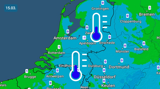 De temperatuurkaart voor zondagochtend vroeg toont op uitgebreide schaal lichte vorst in Nederland.