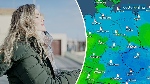 Geteilte Grafik: links eine Frau in Winterkleidung, die mit geschlossenen Augen die kalte Luft spürt, rechts eine TemperaturRadar-Karte von Deutschland mit niedrigen Temperaturen.