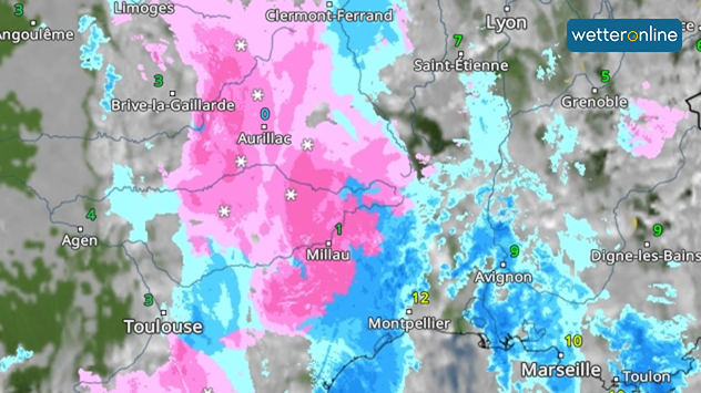 WetterRadar zeigt starken Schneefalle im französischen Zentralmassiv
