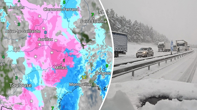WetterRadar zeigt starken Schneefalle im französischen Zentralmassiv - Autos stecken auf Auotbahn fest