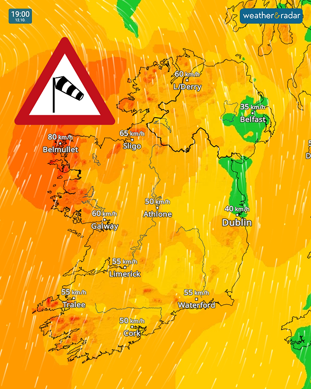 Wind forecast for 19:00 on 12.10 showing 80 km/h near Belmullet, 65 km/h near Sligo and 60 km/h near Galway and Derry, with a wind warning symbol.