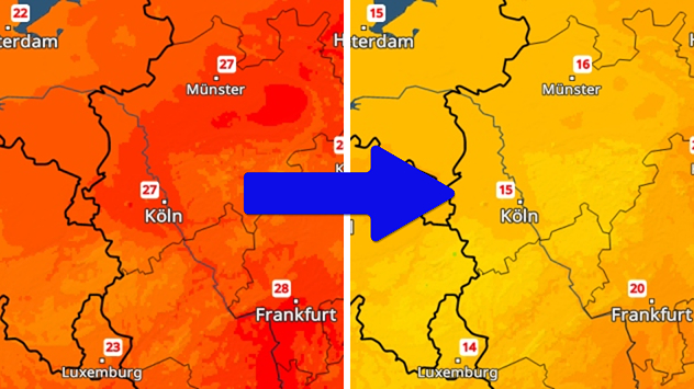 Wetterkarte zeigt Temperaturabfall in Westdeutschland von 27 auf 15 Grad.