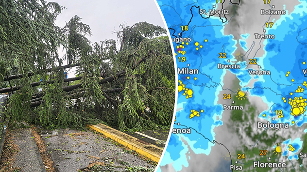 A split-screen image showing fallen trees on a road and a weather radar map of northern Italy. Numerous thunderstorm cells are active between Turin, Milan and Bologna.