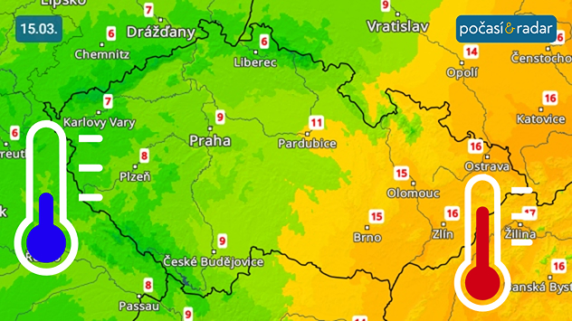 Předpověď maximálních denních teplot v Česku na neděli 15. 3.: Neděle přinese výrazně vyšší teploty na Moravu a do Slezska než do Čech.