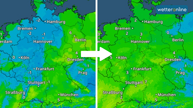 TemperaturRadar-Vergleich Montag und Dienstag