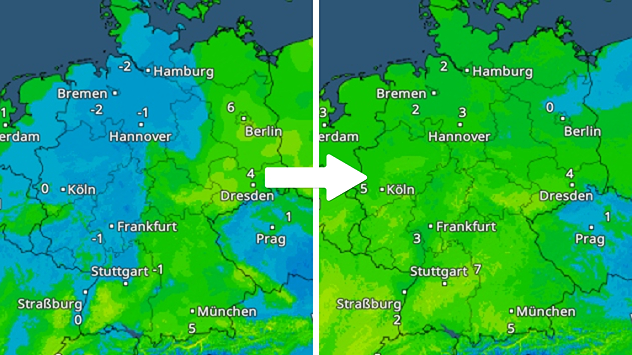TemperaturRadar-Vergleich Montag und Dienstag