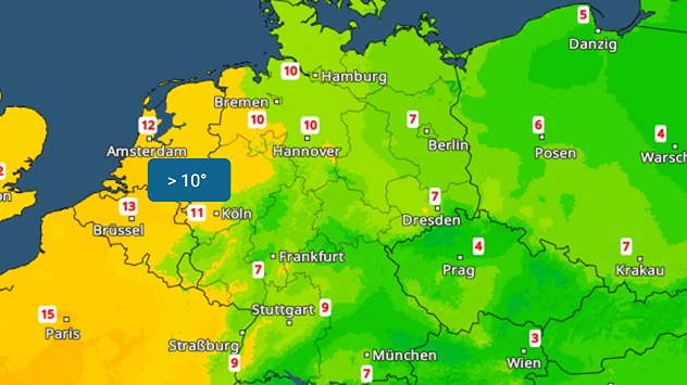 Temperaturkarte mit Höchstwerten zwischen etwa 4 und 12 Grad. Wärmere Regionen im Westen, kühlere im Osten. Darstellung der heutigen Temperaturmaxima.