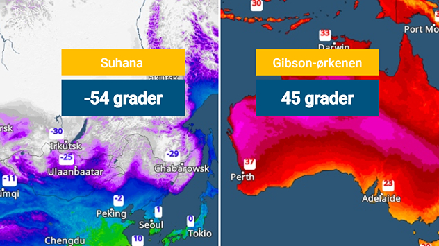 Sammenligning af ekstreme temperaturer på verdenskort med minus 54 grader i Suhana og 45 grader i Gibsonørkenen.