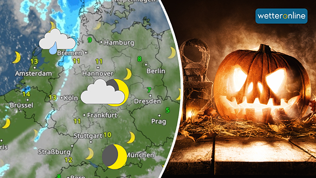 Links eine Deutschlandkarte mit nächtlichem Wetter: teils Wolken, teils klarer Himmel und Temperaturen zwischen 5 und 13 °C. Rechts ein leuchtender Kürbis mit Kerze in dunkler Umgebung.