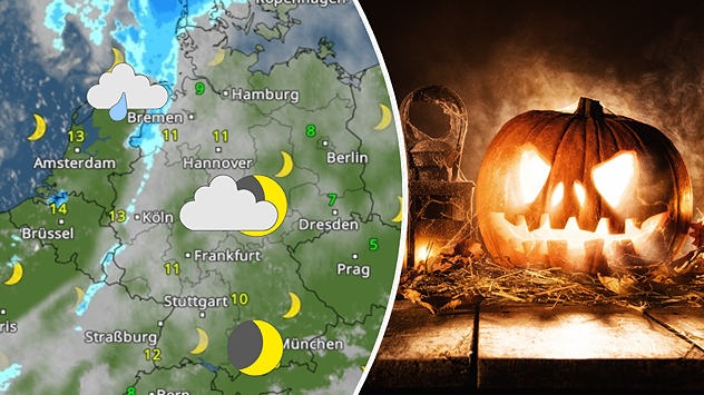 Links eine Deutschlandkarte mit nächtlichem Wetter: teils Wolken, teils klarer Himmel und Temperaturen zwischen 5 und 13 °C. Rechts ein leuchtender Kürbis mit Kerze in dunkler Umgebung.