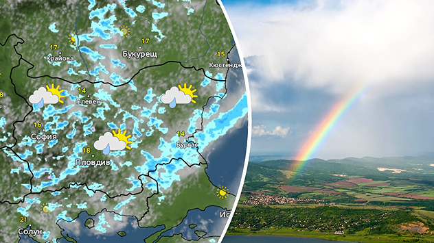 Отляво: Метеокартата показва очакваните превалявания на места към обяд в събота Отдясно: Снимка на облак, дъжд и дъга над равнина