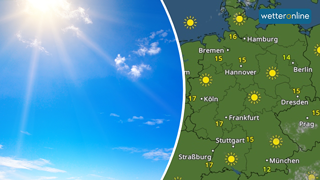 Das Bild zeigt links einen fast blauen Himmel und die Sonne, rechts das WetterRadar.