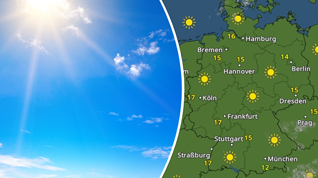 Das Bild zeigt links einen fast blauen Himmel und die Sonne, rechts das WetterRadar.