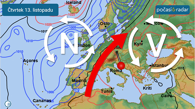 Předpověď synoptické situace nad Evropou, mapa, čtvrtek 13. listopadu. V průběhu příštího týdne se nad střední Evropou obnoví situace teplého jižního proudění, které se projeví zejména ve vyšších vrstvách atmosféry.