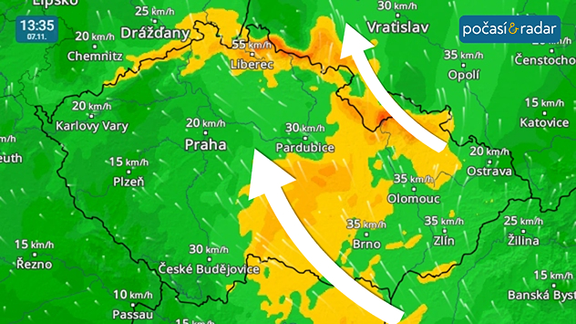 Větrný radar, screenshot, 7. 11. 13:35: V pátek zesiluje zejména na Českomoravské vrchovině a v oblasti severních pohraničních pohoří jihovýchodní vítr. V dalších dnech zde bude vítr slábnout.