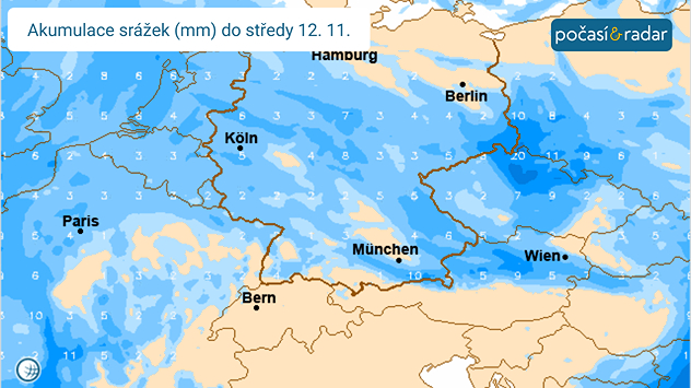 Akumulace srážek (mm) nad částí střední a západní Evropy do středy 12. 11. dle modelu ICON. Výšková tlaková níže bude naše počasí ovlivňovat i zkraje příštího týdne, avšak celkové srážkové úhrny nepřinese vysoké.