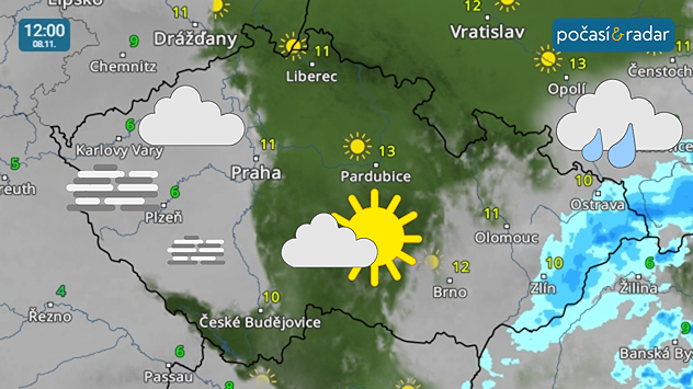 Meteoradar, screenshot, 8. 11. 12:00: Nad západní polovinou Čech se bude v sobotu udržovat nízká inverzní oblačnost, zatímco na Moravě a ve Slezsku bude od jihovýchodu postupně přibývat oblačnosti a občasného deště v souvislosti s nastupující výškovou tlakovou níží