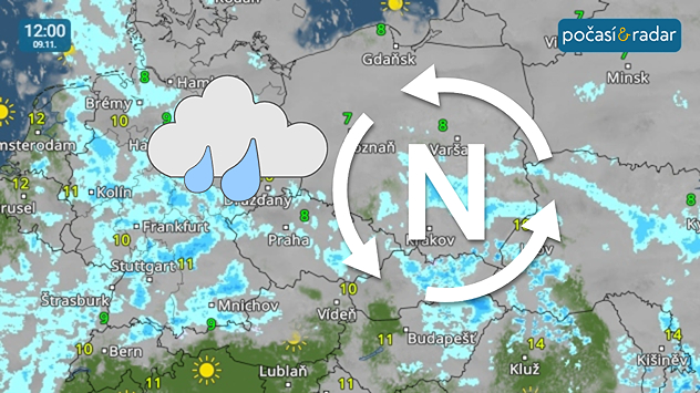 Meteoradar, screenshot, 9. 11. 12:00: O víkendu začne počasí ve střední Evropě ovlivňovat tlaková níže ve vyšších vrstvách atmosféry. To se projeví občasným výskytem mírného deště.