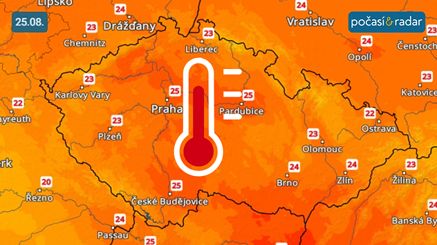 Předpověď maximálních teplot v Česku na úterý 25. srpna: V průběhu nového týdne se do Česka přechodně navrátí teplejší počasí. Například v úterý očekáváme maxima kolem 25 °C.