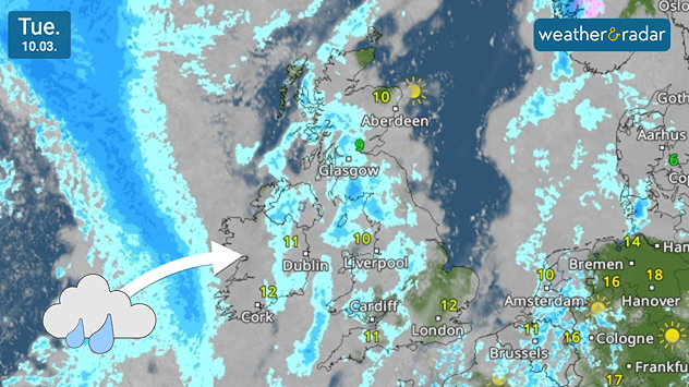 Weather radar map dated Tue 10.03 showing a band of rain in blue approaching Ireland from the Atlantic, with scattered showers across the UK and arrows indicating eastward movement.