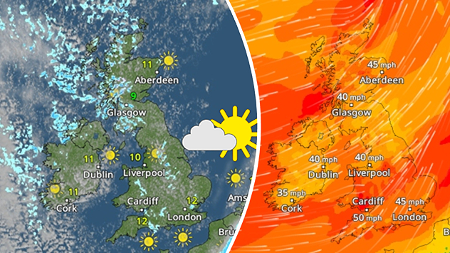 Split image showing a UK weather map with sunshine and scattered cloud on the left, and a wind forecast map on the right with orange and red shading indicating gusts around 35–50 mph.