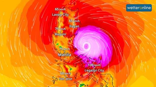 El mapa meteorológico muestra un ciclón tropical sobre Filipinas, con su centro al este de Manila