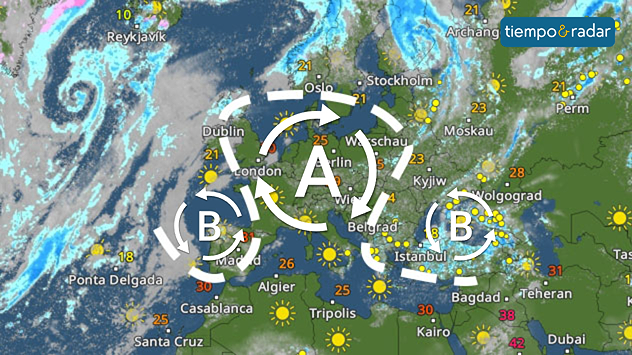 La situación meteorológica omega también se llama “bloqueo anticiclónico” porque impide que las lluvias del Atlántico lleguen al centro de Europa.