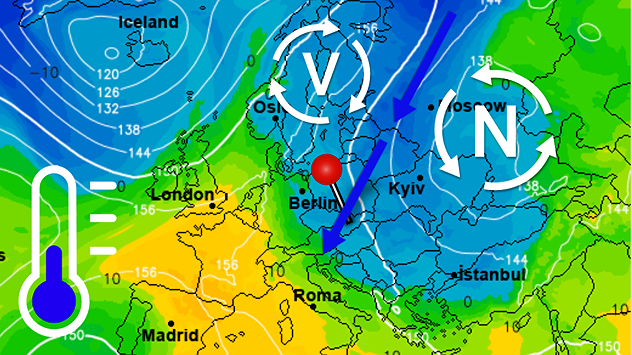 Synoptická mapa Európy s vpádom studeného arktického vzduchu smerom do strednej Európy