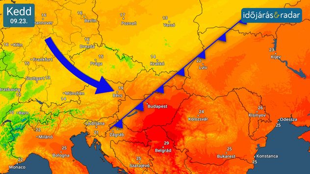 hőmérsékleti térkép: ain jól kivehető a hiedgfront mögött beáramló hideg légtömeg északnyugat felől