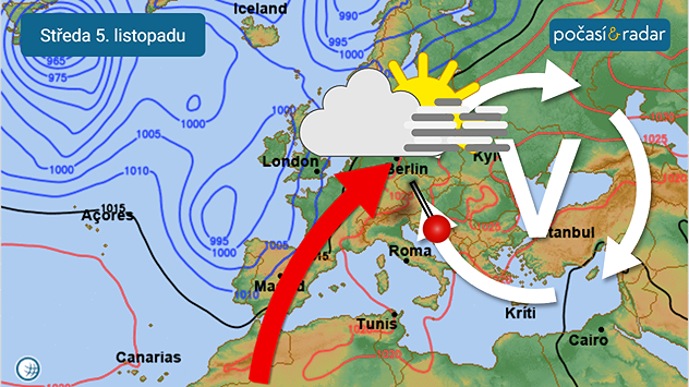 Synoptická situace nad Evropou, středa 5. 11.  Nad Česko v těchto dnech proudí teplý vzduch od jihozápadu po přední straně tlakové výše nad jihovýchodní a východní Evropou. Příliv teplého vzduchu se projevuje hlavně ve vyšších vrstvách atmosféry.