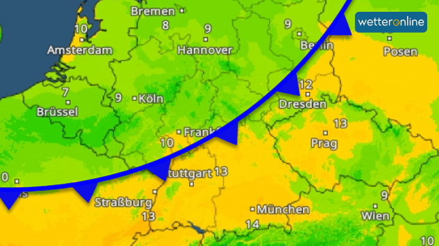 TemperaturRadar mit Kaltfront quer über Deutschland