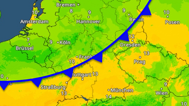 TemperaturRadar mit Kaltfront quer über Deutschland