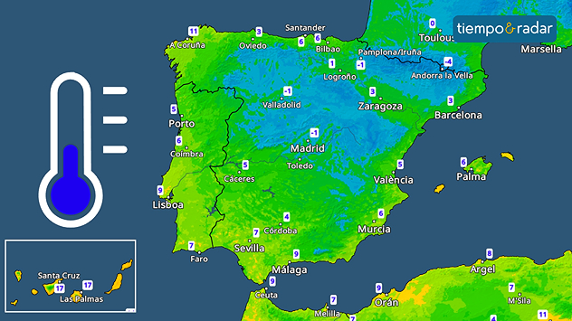 Las temperaturas bajarán de forma general: el martes las máximas apenas alcanzarán los 10 grados en la meseta norte, y las mínimas caerán por debajo de cero, con heladas cada vez más extendidas.