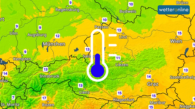 Temperaturkarte der nächtlichen Tiefstwerte in Österreich. Besonders im Westen wird die Nacht deutlich frischer.