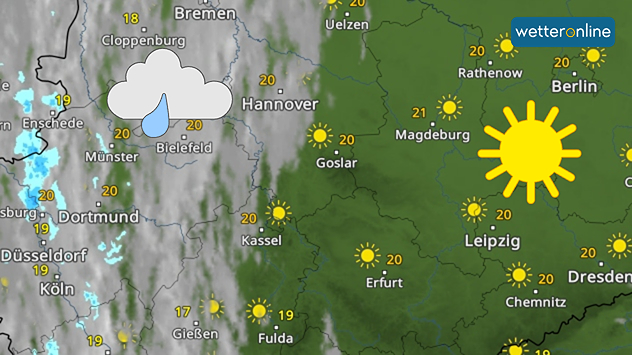 Wetterkarte von Deutschland mit Sonne im Osten und Regenwolken im Westen. Temperaturen liegen um 20 Grad.