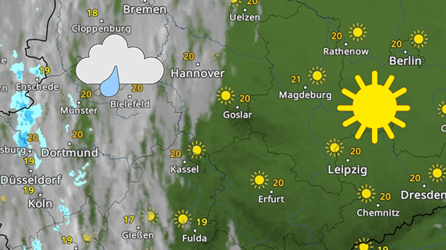 Wetterkarte von Deutschland mit Sonne im Osten und Regenwolken im Westen. Temperaturen liegen um 20 Grad.