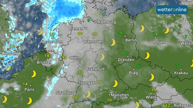 Wetterkarte mit klarer Nacht im Osten und aufziehenden Wolken im Westen Europas.