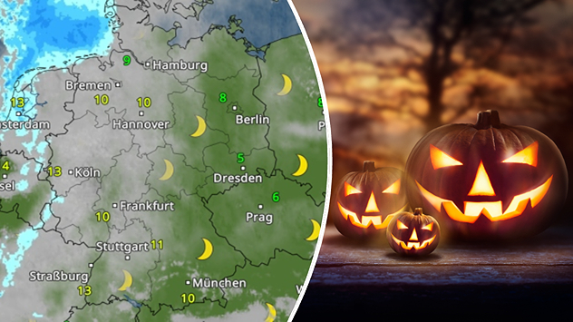 Halloweenwetter in Deutschland Wetterkarte Deutschlands mit Temperaturen und klarer Nacht, daneben beleuchtete Halloween-Kürbisse.